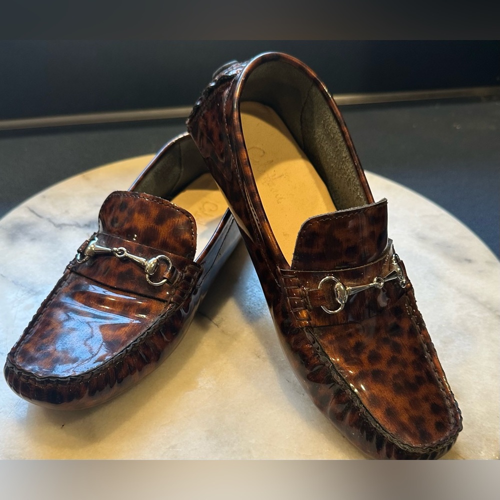 COLE HAAN Vintage Brown Leopard  Patent Leather Driving Horsebit Loafers Sz 6